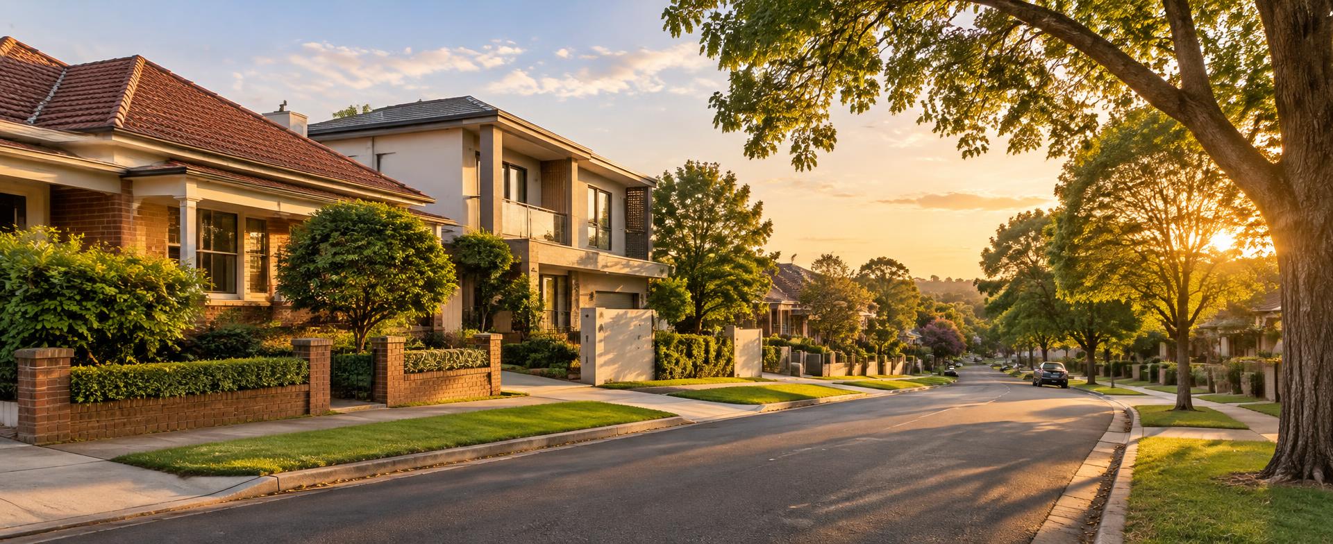 A quiet Australian residential street with family homes at sunset